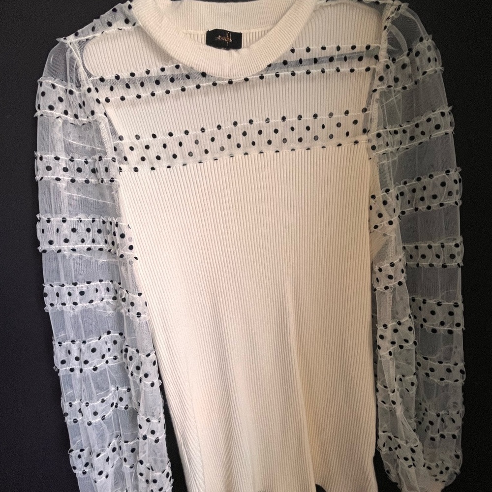 White and Black Crew Neck Sweater with Nordic Pattern